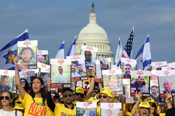 Families of Israeli hostages demo<em></em>nstrate ahead of Netanyahu's address to Congress, at the Natio<em></em>nal Mall in Washington, DC, July 23, 2024.