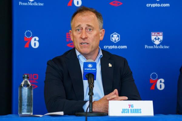 Philadelphia 76ers owner Josh Harris takes questions from the media during a press co<em></em>nference at the NBA basketball team's facility, Thursday, June 1, 2023, in Camden, N.J.