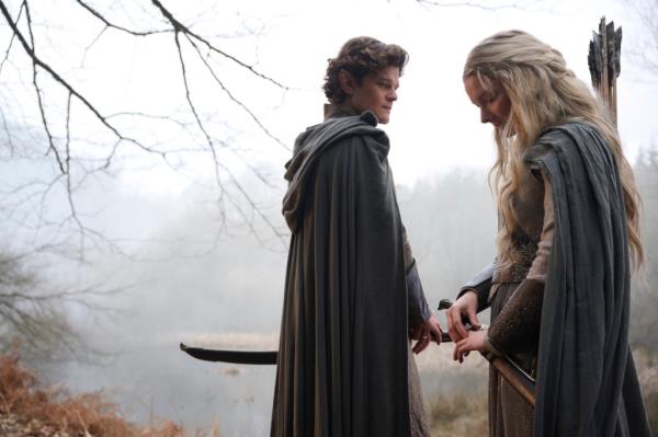 Robert Aramayo as Elrond; Morfydd Clark as Galadriel in "Rings of Power." 