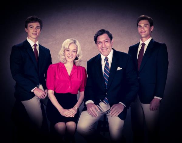 Nicholas Chavez as Lyle Menendez, Chloe Sevigney as Kitty, Javier Bardem as Jose, and Cooper Koch as Erik in the Netflix show. 
