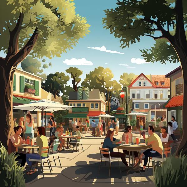 A group of people sitting at tables in a courtyard, discussing the co<em></em>ntroversial proposal of creating a new, walkable, and affordable city in California named California Forever