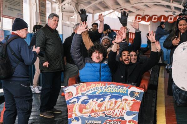 Alessandro Zamperla, CEO of Central Amusement International, and Brooklyn Borough President Anto<em></em>nio Reynoso posing together at Co<em></em>ney Island's Luna Park and Deno's Wo<em></em>nder Wheel opening day.