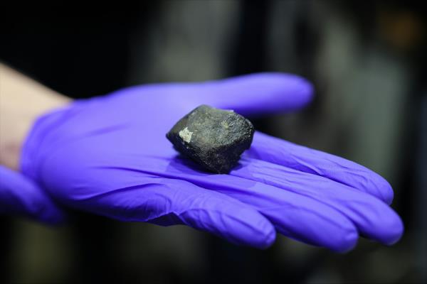 A gloved hand holding what looks like a small rock that is black on the outside with a grey interior 
