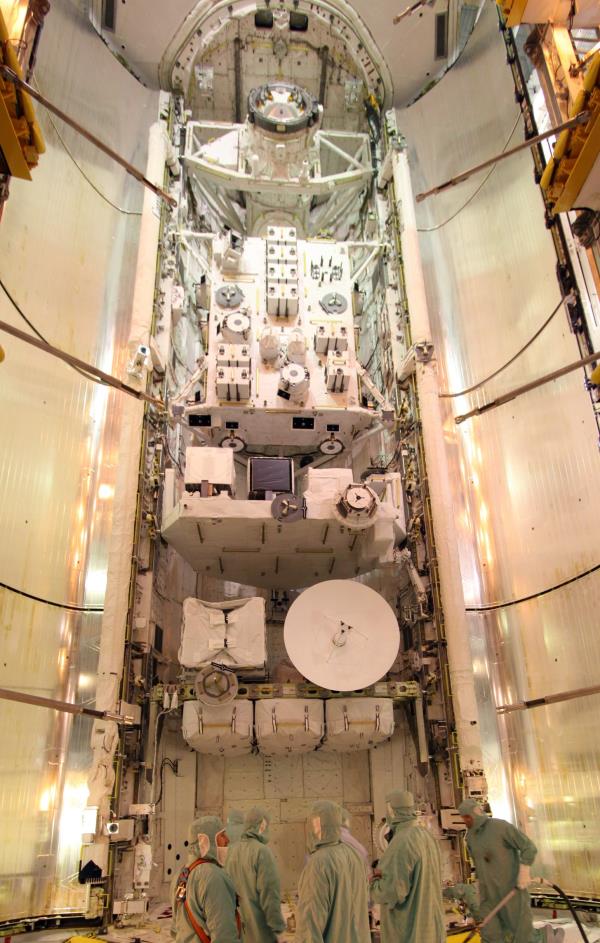 The STS-127 payloads in Endeavour's cargo bay at Launch Pad 39A at NASA's Kennedy Space Center in Florida