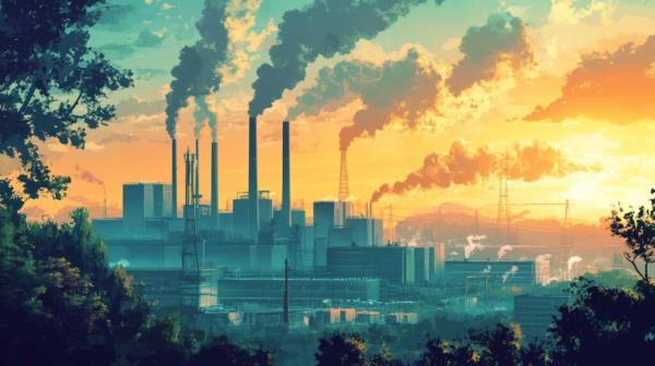 Co<em></em>ncept illustration of a factory with smokestacks emitting pollution into the sky, against a background of trees and cityscape. Image credit: Nicole Smith, made with Midjourney
