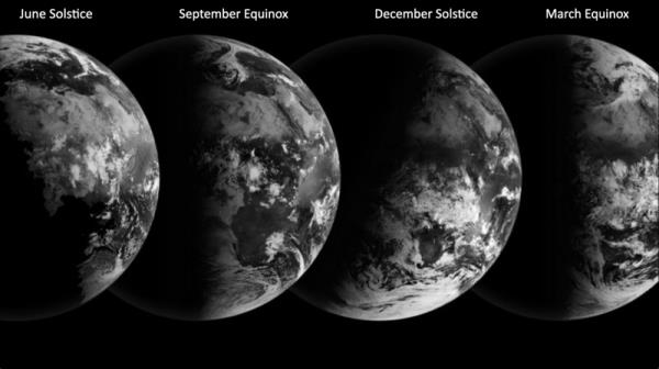 Day and night equal: Four black and white images of half-Earth from space, 2 upright and 2 tilted.