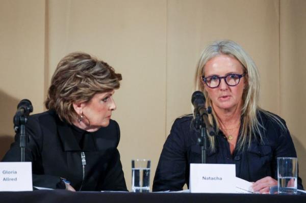 Attorney Gloria Allred and survivor Natacha attend a press co<em></em>nference a<em></em>bout the BBC docu<em></em>mentary, "Al-Fayed: Predator at Harrods", in London