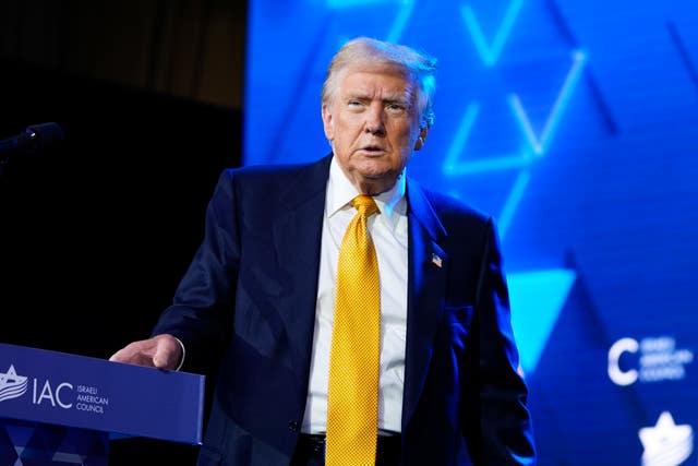 Republican presidential candidate former President Do<em></em>nald Trump speaks at the Israeli American Council Natio<em></em>nal Summit