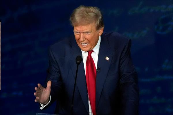 Republican presidential nominee former President Do<em></em>nald Trump speaks during a presidential debate with Democratic presidential nominee Vice President Kamala Harris at the Natio<em></em>nal Co<em></em>nstitution Center, Tuesday, Sept.10, 2024, in Philadelphia. 