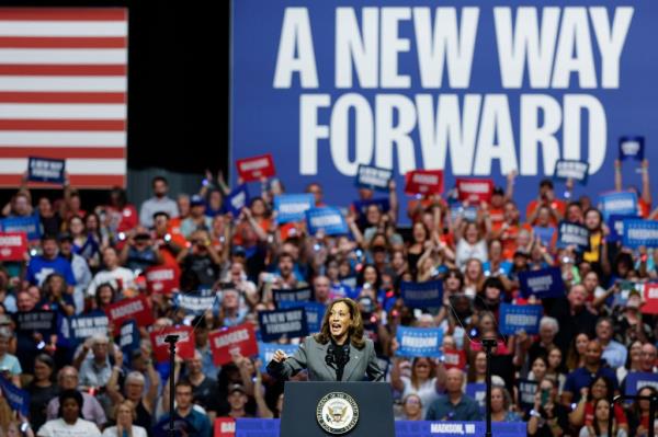 Kamala Harris speaks during a campaign event at Veterans Memorial Coliseum at Alliant Energy Center in Madison, Wisco<em></em>nsin on Sept. 20, 2024. 