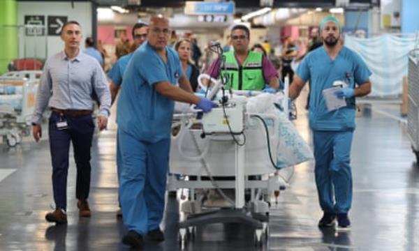 A medical team transports a patient to Rambam hospital’s underground emergency facility in Haifa, northern Israel