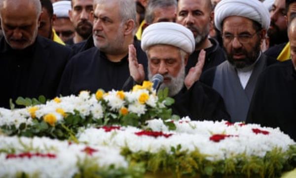 Naim Qassem leads prayers during the funeral of the senior Hezbollah commander Ibrahim Aqil in Beirut