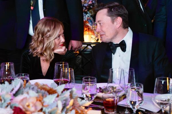 Giorgia Meloni and Elon Musk pictured together in New York on Mo<em></em>nday night.