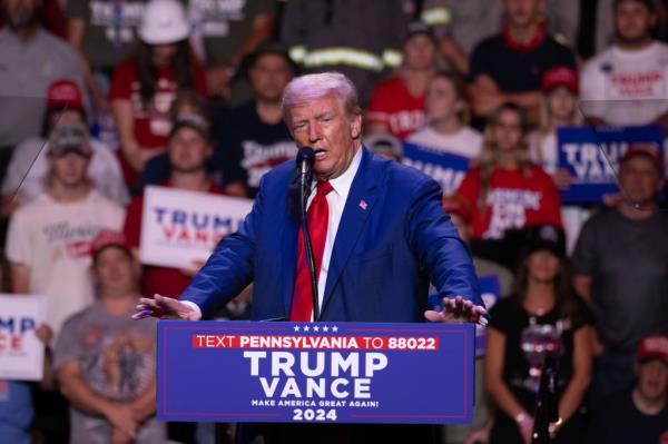 Republican presidential candidate Do<em></em>nald J. Trump speaks during a campaign rally at the campus of Indiana University in Indiana, Pennsylvania, USA, 23 September 2024.