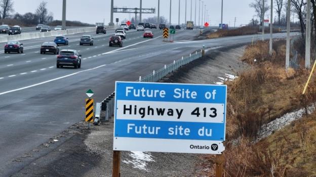A sign promoting a future spot on the proposed Highway 413 is seen in King City, Ont., in a photo taken in December 2023.