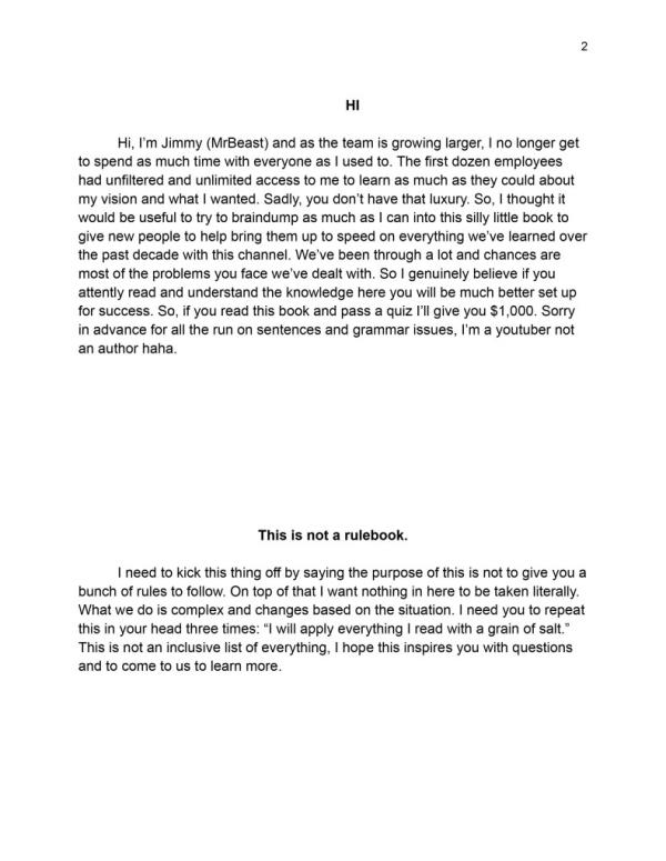 Close-up of a page from a leaked internal MrBeast memo sharing business philosophies and tips for success.