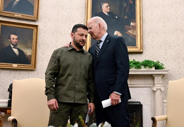US President Joe Biden meets with Ukrainian President Volodymyr Zelensky in the Oval Office of the White House in Washington, DC, on September 21, 2023. 