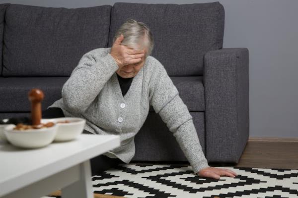 Woman with gray hair on the floor, holding her head after a fall