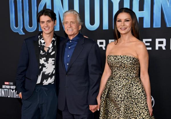 Dylan Douglas, Michael Douglas and Catherine Zeta-Jo<em></em>nes at the "Ant-Man and the Wasp: Quantumania" premiere in 2023