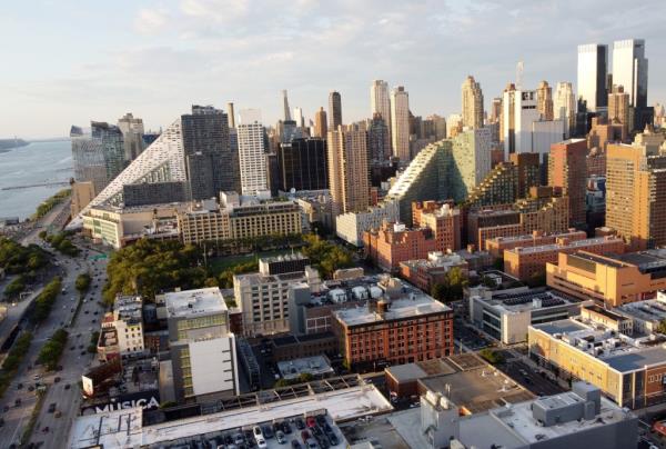 An aerial view of the Midtown Manhattan skyline or Midtown West Side skyline as seen in New York, NY on July 14, 2022.
