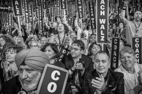 Members of the California Delegation cheer during Tim Walz‚Äôs acceptance speech at the Democratic Natio<em></em>nal Convention.