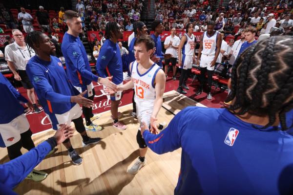 Tyler Kolek #13 of the New York Knicks walks on the court during player introductions  on July 13, 2024 at the Thomas & Mack Center in Las Vegas, Nevada.