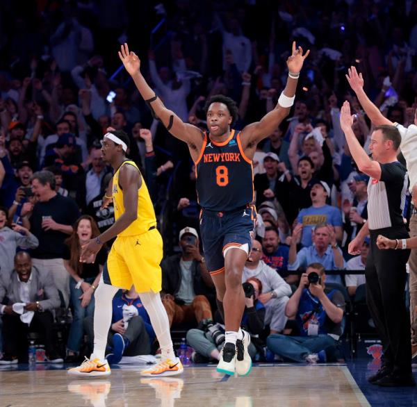 Indiana Pacers vs. New York Knicks at Madison Square garden - New York Knicks forward OG Anunoby #8 reacts after he hits a there point shot over Indiana Pacers forward Pascal Siakam #43 during the third quarter.
