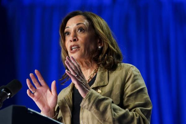 U.S. Vice President Kamala Harris, Democratic presidential nominee, speaking at a podium in Douglas, Arizona on September 27, 2024