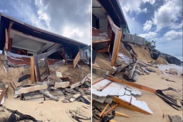  Heart-stopping footage shows Josh VanEmmerik’s oceanfront property collapsing into the waves, leaving debris scattered across the public beach. 