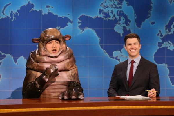 Bowen Yang, Colin Jost during the "SNL" Season 50 premiere on September 28