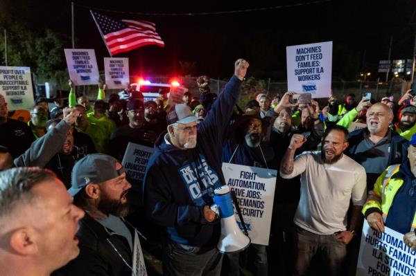 Internatio<em></em>nal Longshoreman's Association President, Harold J. Daggett, center, speaks to unio<em></em>n workers at the Port Newark/Elizabeth-Port Authority Marine Terminal complex on Tuesday Oct. 1, 2024 in New Jersey.