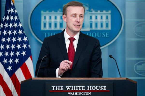 Natio<em></em>nal Security Advisor Jake Sullivan speaking a<em></em>bout Israel at a daily press briefing in the White House's Brady Press Briefing Room