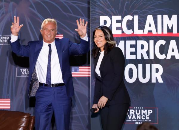 Independent presidential candidate Robert F. Kennedy Jr. and former Democratic Rep. Tulsi Gabbard take the stage during "Reclaim America Tour", a campaign event, on Saturday, Sept. 21, 2024, in Las Vegas. 