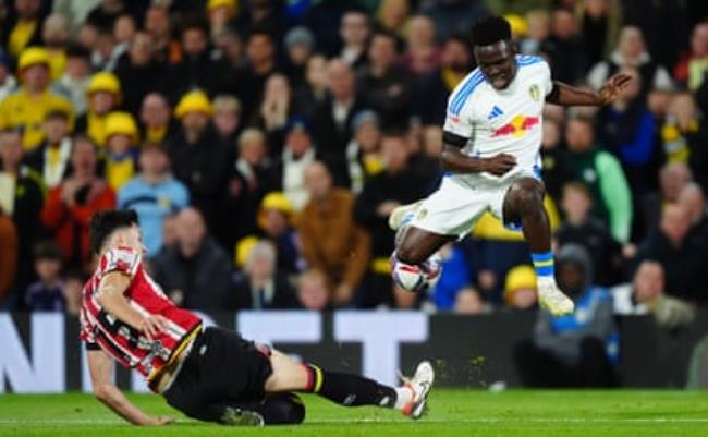 Sheffield United's Anel Ahmedhodzic (left) and Wilfried Gno<em></em>nto of Leeds battle for the ball.