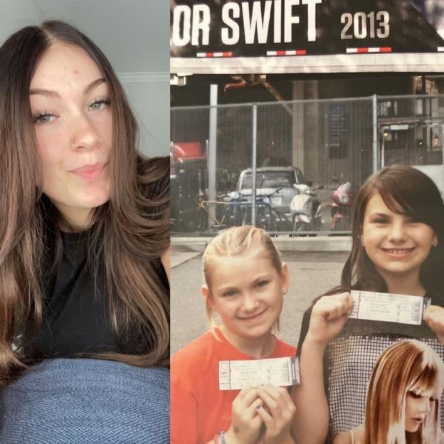 A composite image of a woman and beside it is a photo of her holding a co<em></em>ncert ticket at a Taylor Swift co<em></em>ncert in 2013. 