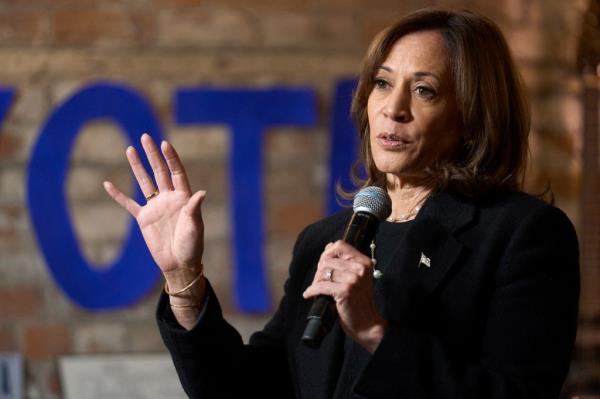 Vice President Kamala Harris addresses a crowd at a campaign event at Cred Cafe in Detroit, Michigan.
