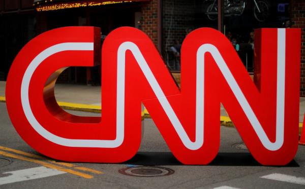 The CNN logo is displayed outside the venue of the second 2020 Democratic presidential debate in Detroit, Michigan.