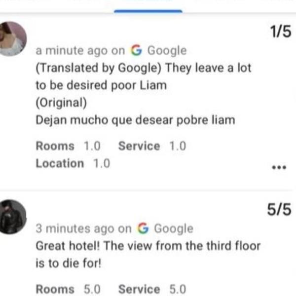 Screenshot of a social media post a<em></em>bout CasaSur Palermo hotel getting flooded with fake reviews after Liam Payne's death announcement