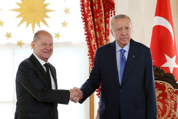 Turkish President Tayyip Erdogan and German Chancellor Olaf Scholz shake hands before their meeting in Istanbul, Turkey October 19, 2024. Mustafa Kamaci/Presidential Press Office/Handout via REUTERS ATTENTION EDITORS - THIS PICTURE WAS PROVIDED BY A THIRD PARTY. NO RESALES. NO ARCHIVES. TPX IMAGES OF THE DAY