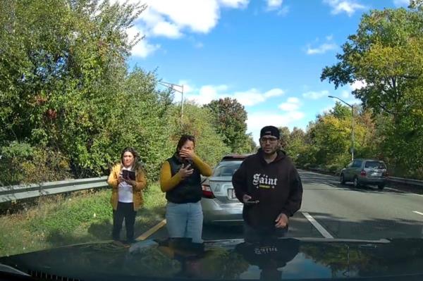 A silver Ho<em></em>nda was caught on dashcam cutting off Ashpia Natasha before reversing and crashing into the front of her car on the Belt Parkway in Queens on Oct. 16, 2024.