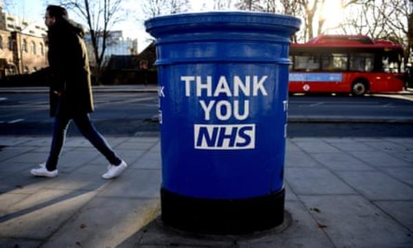 A thank you message for the NHS on a postbox outside St Thomas’ hospital, London, 31 January 2022.