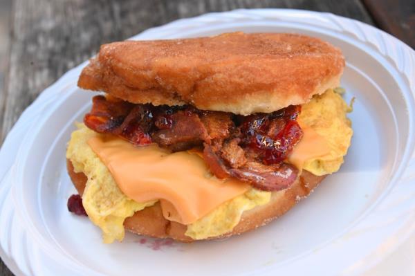 Bacon, egg, and cheese sandwich served on a jelly doughnut at Manhattan's Best Deli & Grill