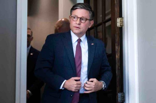 Speaker of the House Mike Johnson arrives for a news co<em></em>nference on Oct. 11, 2024.