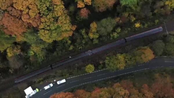 An aerial view of the Powys train crash