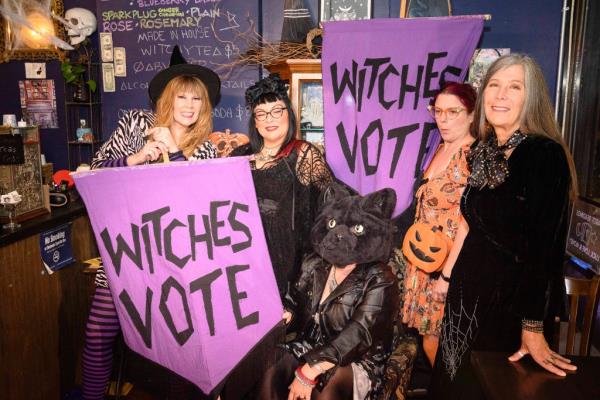 Mari Gustafson organizer of Witches Vote with Elsa, Marie, Pinky and Abby