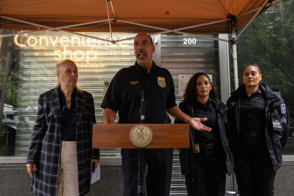 New York City Sheriff Anthony Miranda speaks during a press co<em></em>nference ahead of an enforcement action on illegal cannabis shops.