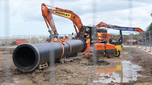 Work co<em></em>ntinues on the co<em></em>nstruction by Southern Water of a new 1km outfall pipe at which runs from Swalecliffe Wastewater Treatment Works in Kent out into the North Sea. 11 water firms in England and Wales are under scrutiny by Ofwat as part of its major investigation into whether their sewage treatment works are polluting the environment. Picture date: Tuesday July 16, 2024.
