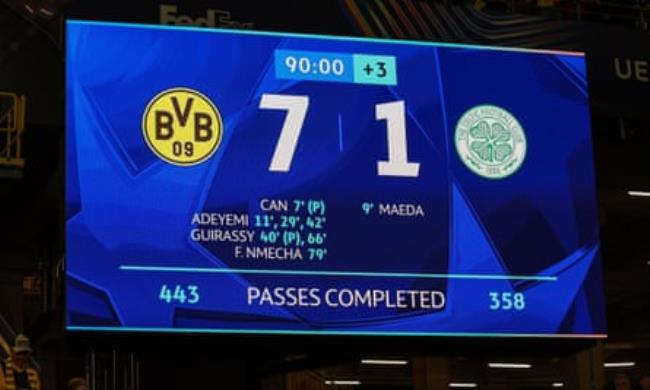 An electric scoreboard shows Borussia Dortmund lead Celtic 7-1