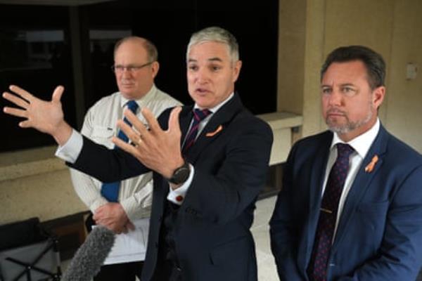 Katter’s Australian party members Shane Knuth (left), Robbie Katter and Nick Dametto during a press co<em></em>nference at Queensland parliament in May