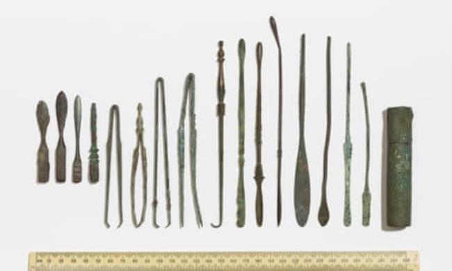 A set of Roman surgical instruments acquired by the British Museum as part of the Blacas collection in 1866. Ralph Jackson believed they were probably found in the region of Naples, or possibly Rome.